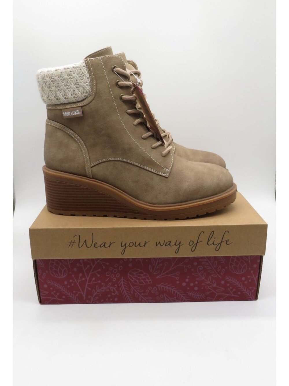 Muk Luks Womens Taupe Wedge Ankle Boots Knit Cuff Size 11 NEW